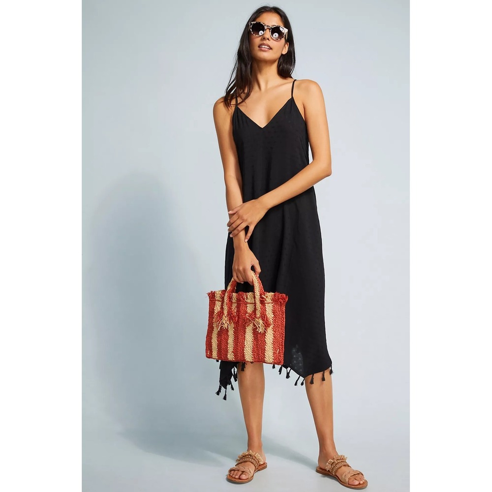 Anthropologie ALLIHOP Tasselled Cover-Up Dress Black Solid Tassels Beach Large